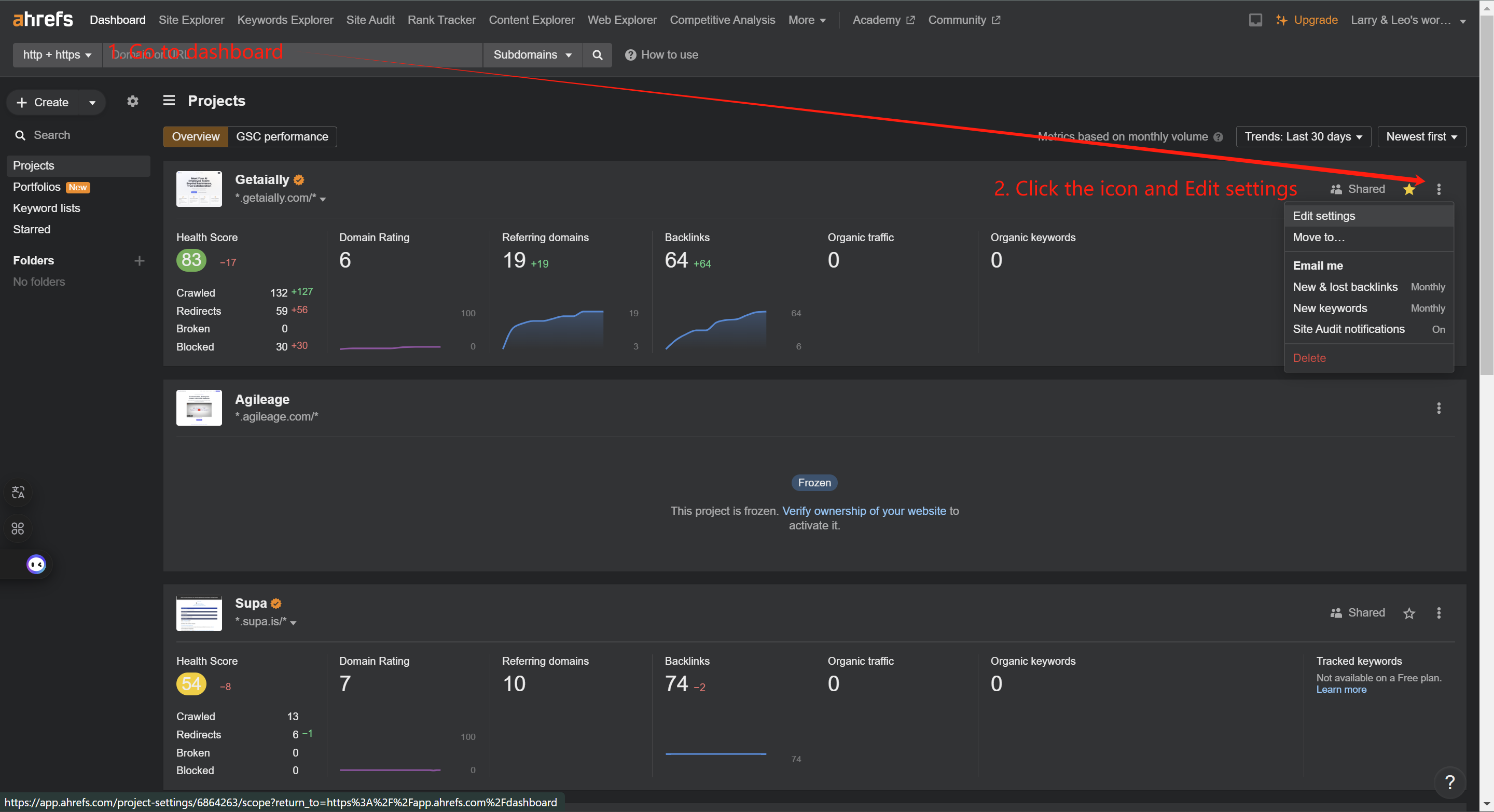 Paso 1 para configurar IndexNow en ahrefs.com