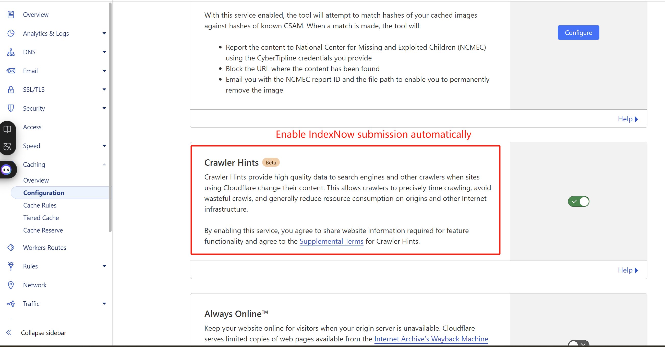 How to enable IndexNow on Cloudflare Settings